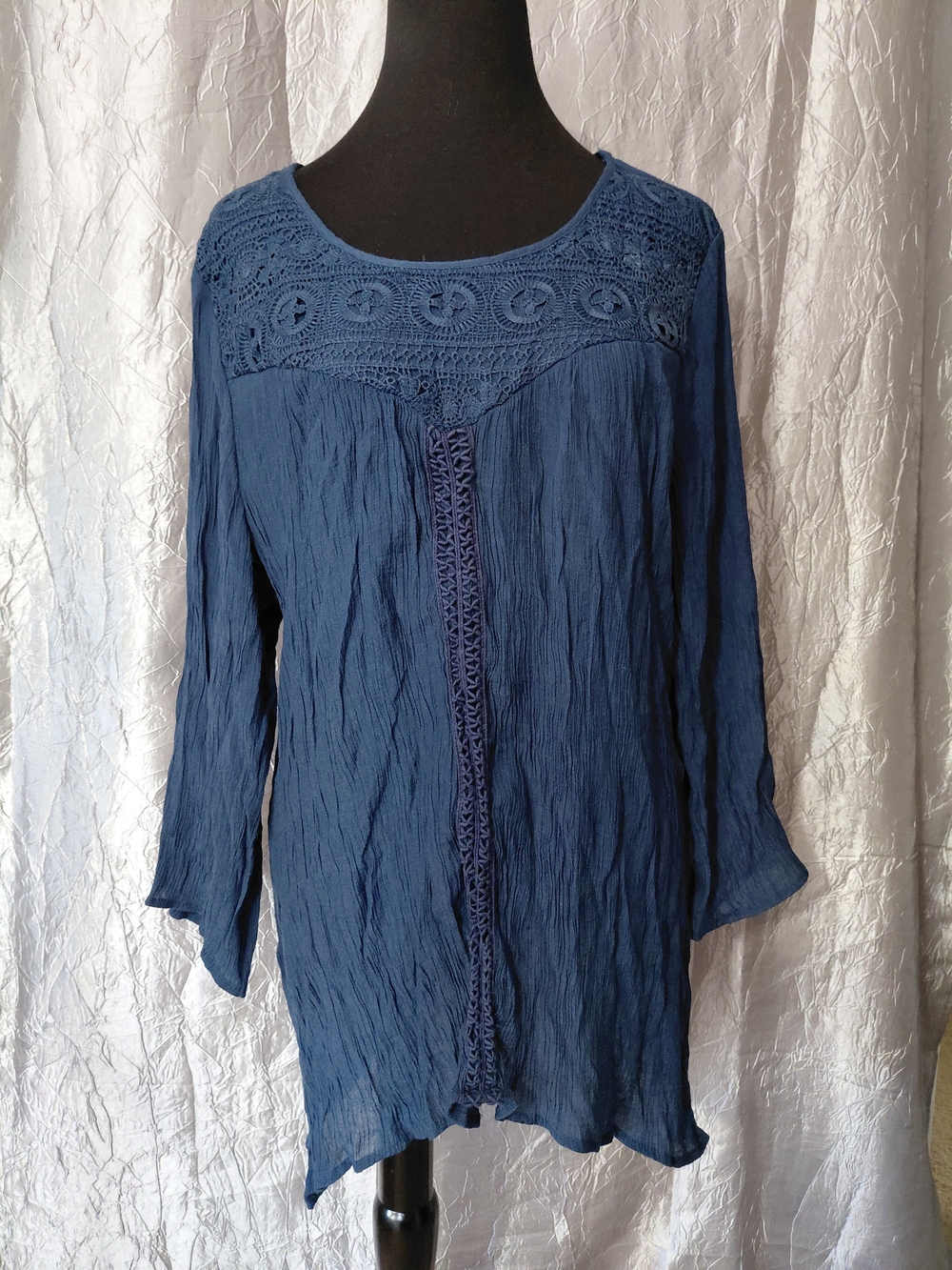 Spense Navy Crochet-Yoke Long Sleeve Tunic